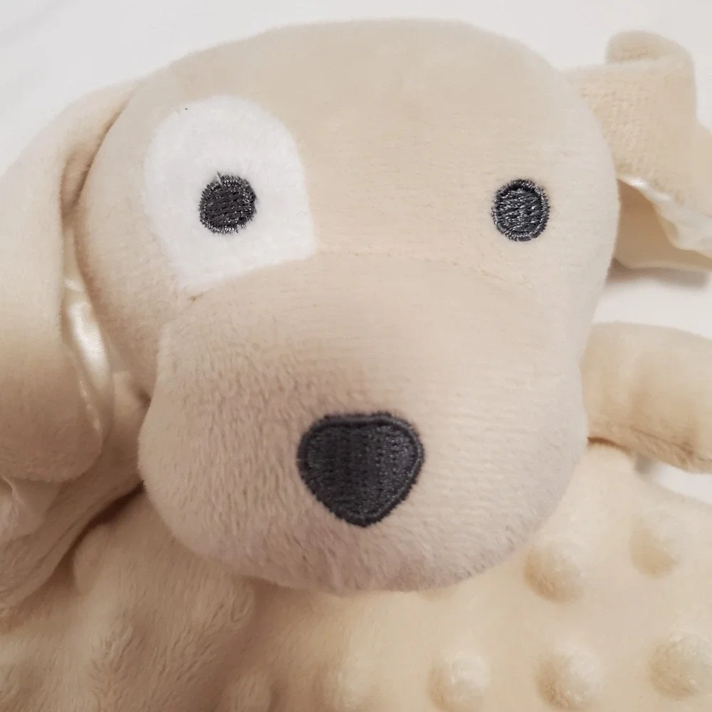 Elegant Baby Tan Puppy Dog Lovey Security Blanket Satin Back Minky Dot Eye Patch